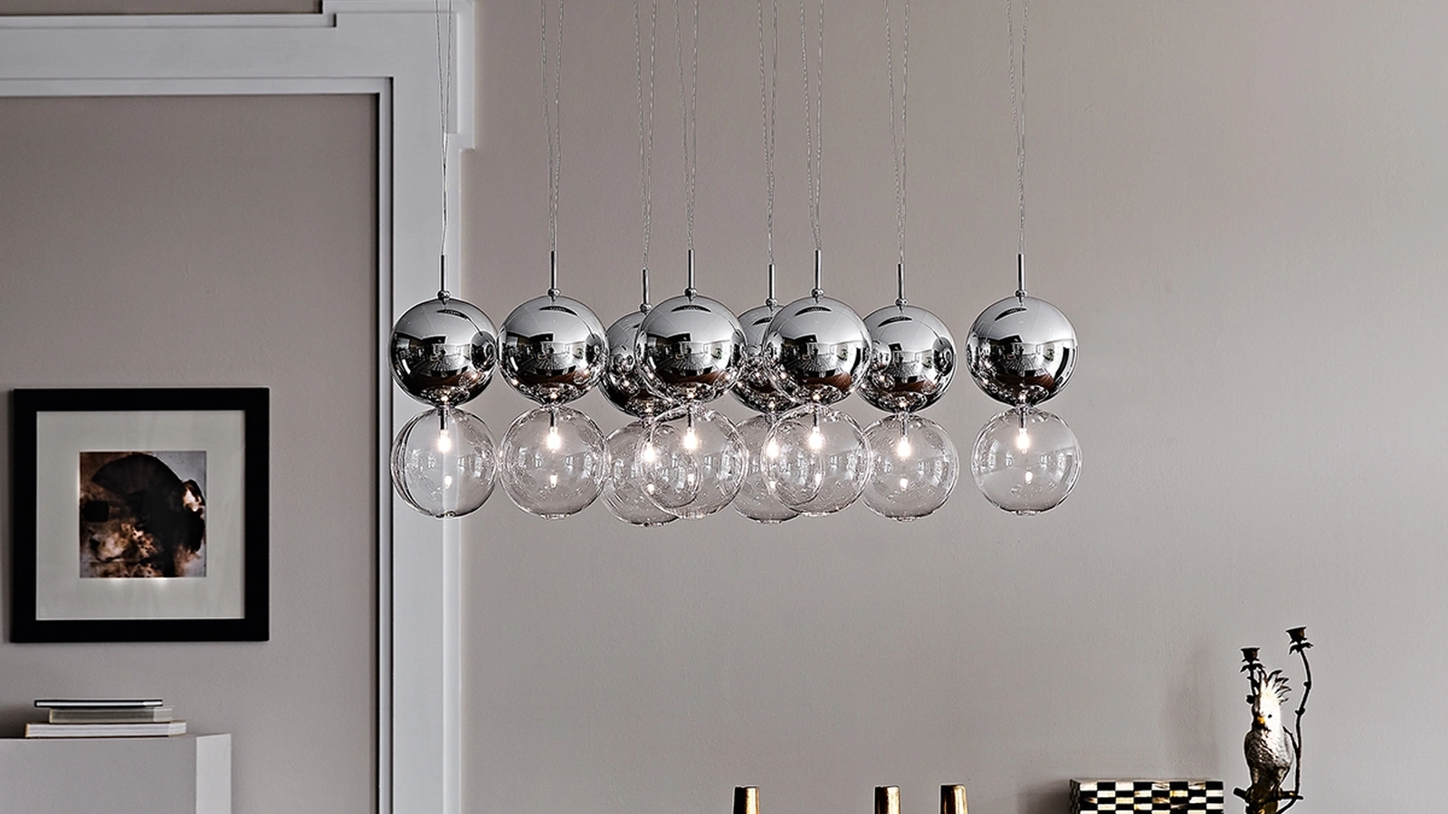 Lampada a sospensione con sfere a due colori, cromo e trasparente, Apollo di Cattelan Italia