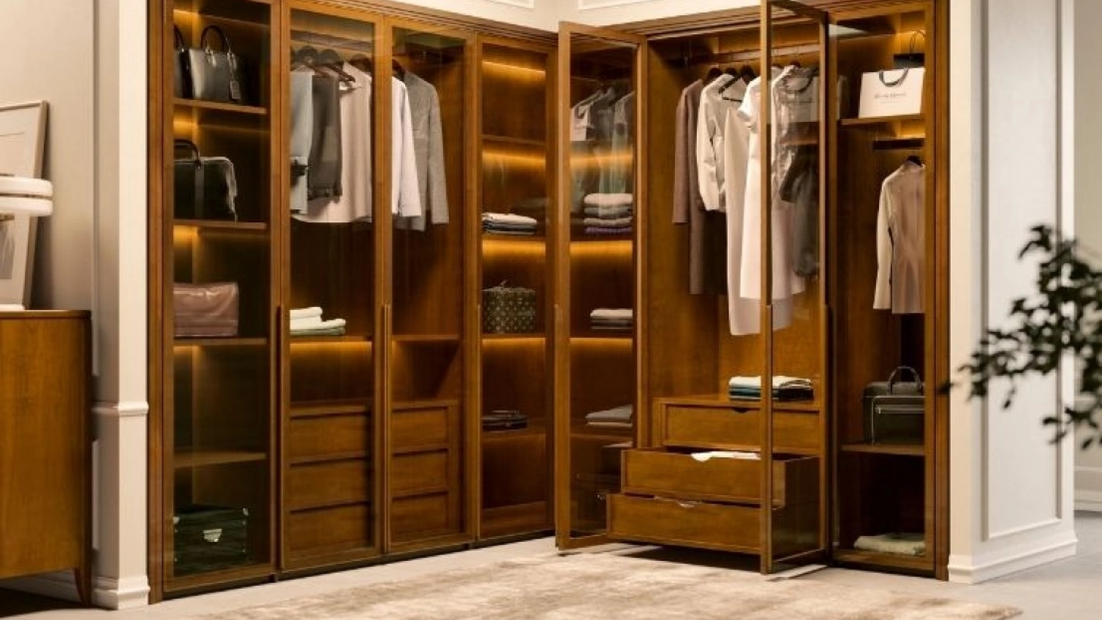 Armadio componibile con ante battenti in legno e vetro Cielo di Le Fablier