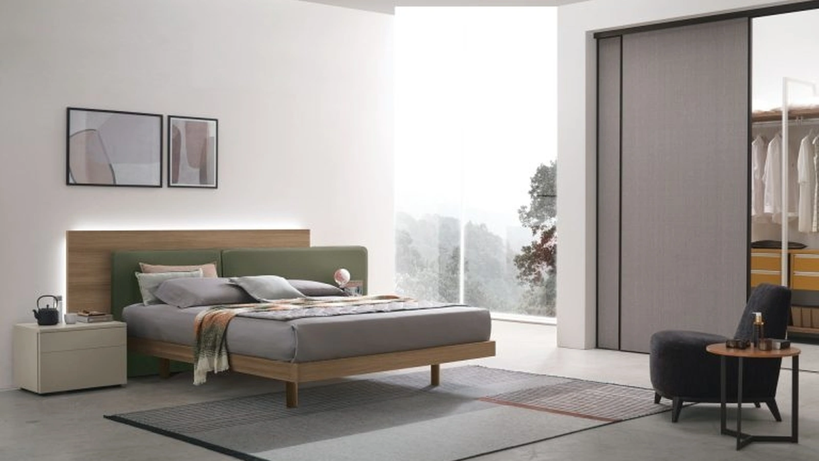 Letto Halifax in materico noce ambra con testiera imbottita di Tomasella