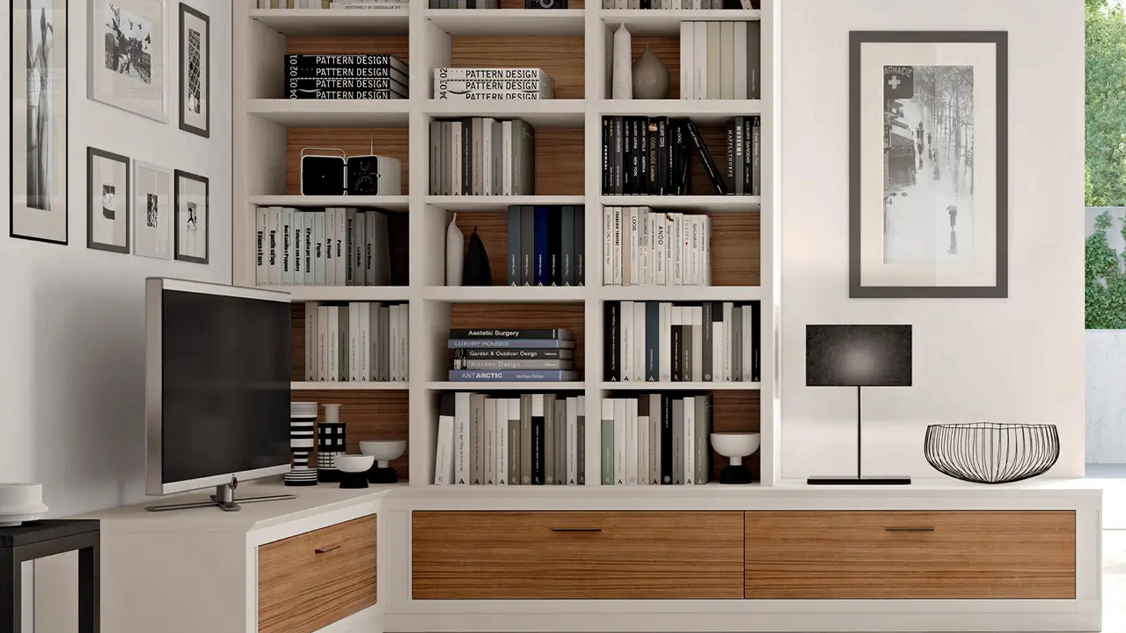 Libreria componibile Melograno composizione 23 in legno laccato bianco opaco e Noce Canaletto di Le Fablier