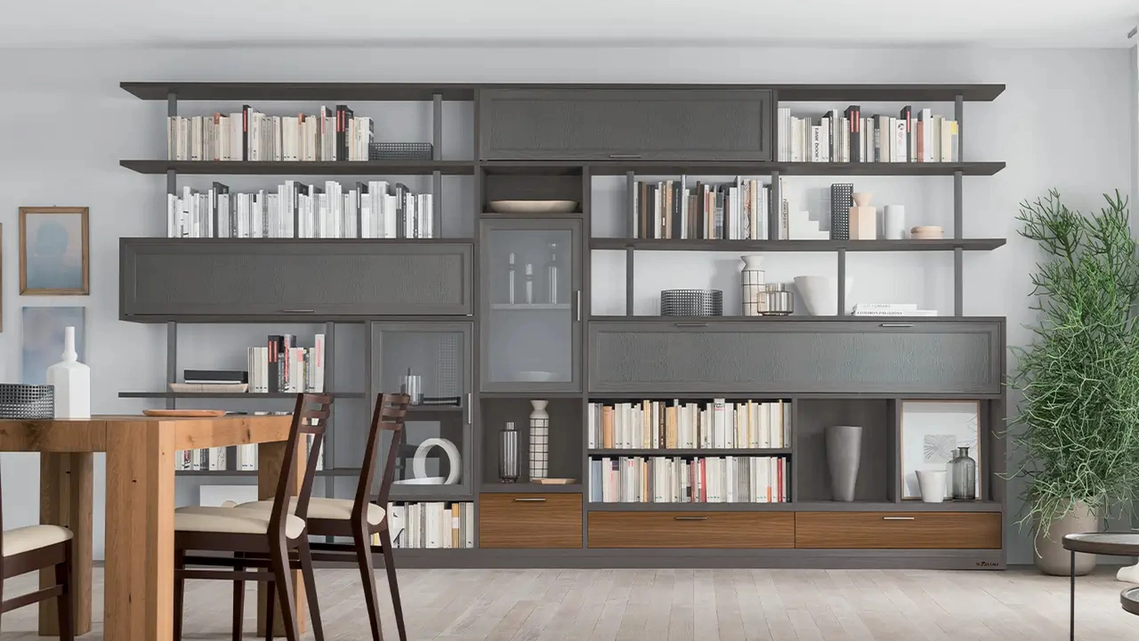 Libreria a muro in legno laccato Melograno composizione 92 di Le Fablier