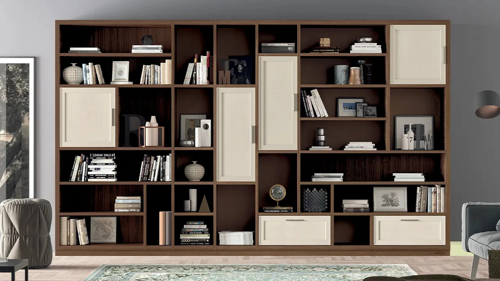 Libreria a muro in legno e laccato opaco Melograno composizione 98 di Le Fablier