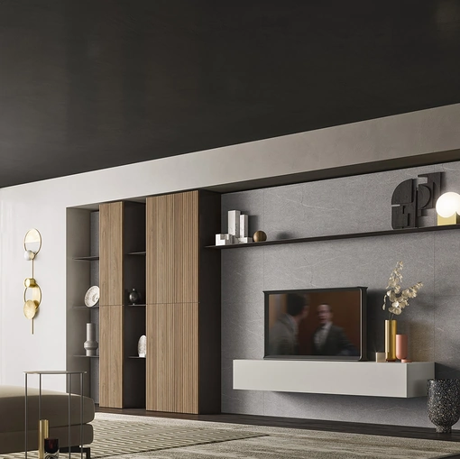 Parete Attrezzata Day Collection 08 in laccato opaco e finitura effetto legno di Alf Da Frè