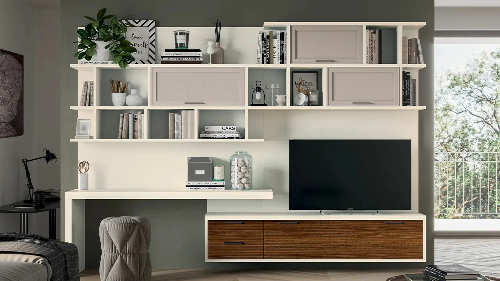 Parete Attrezzata in legno e laccato Bianco opaco Melograno composizione 87 di Le Fablier