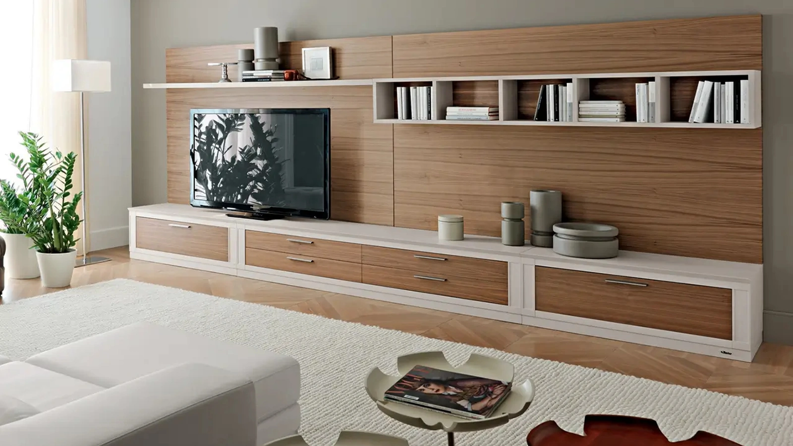 Parete Attrezzata bicolore in legno e laccato Melograno composizione 29 di Le Fablier