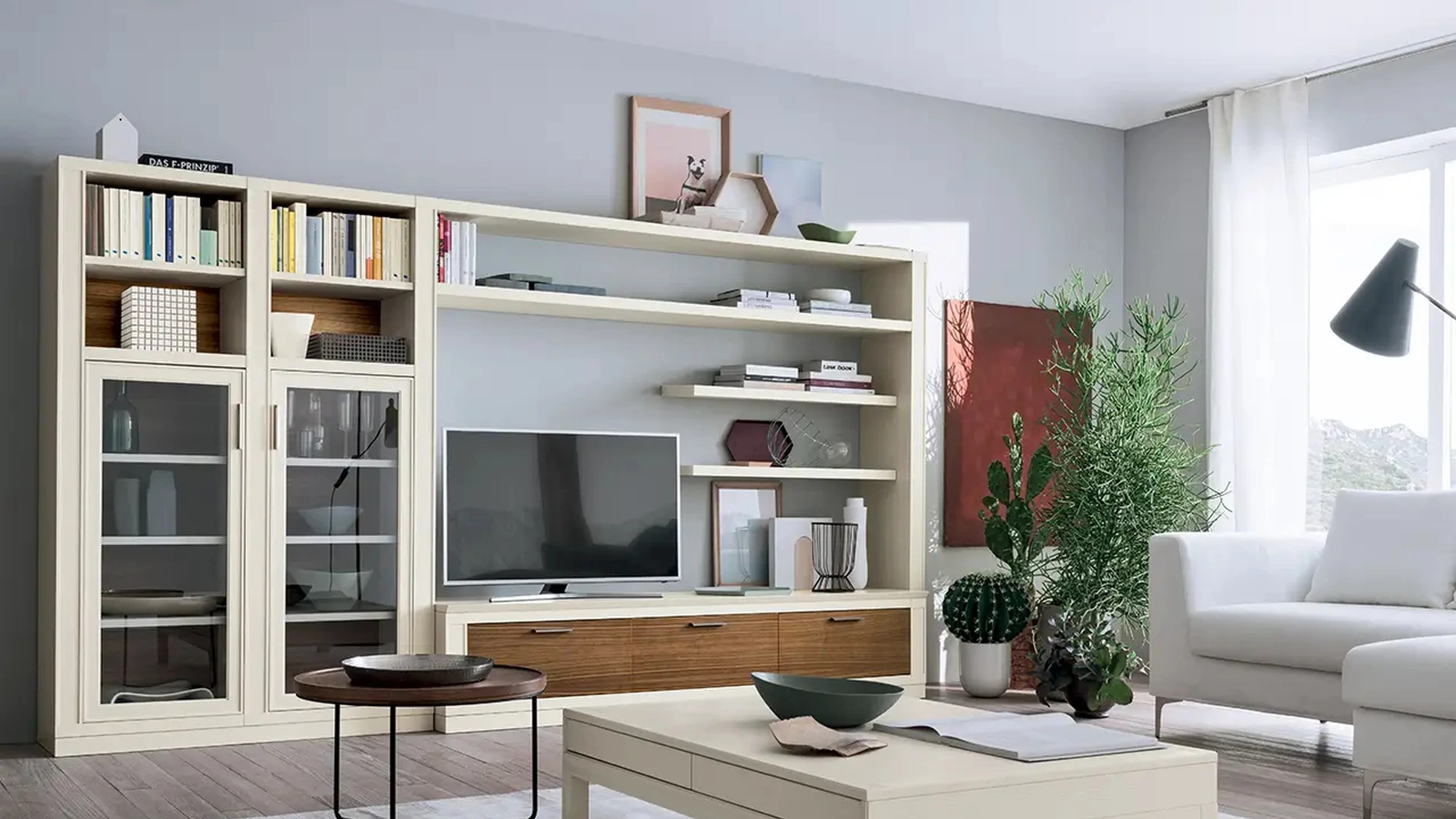 Parete Attrezzata in laccato Bianco opaco e legno Melograno composizione 08 di Le Fablier