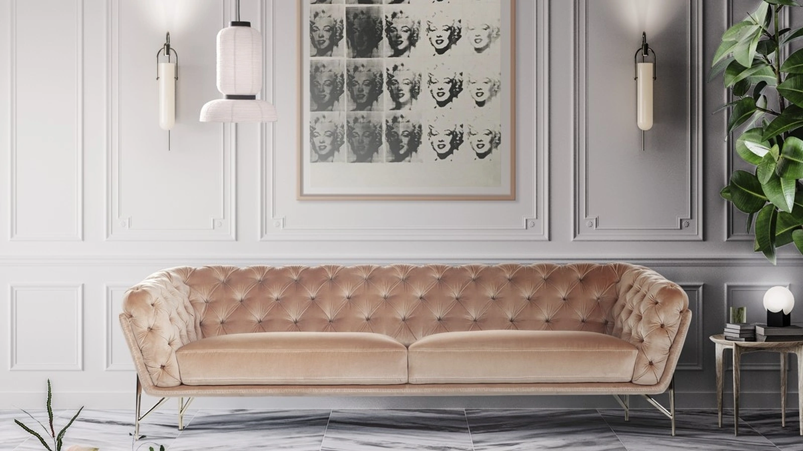 Divano lineare in tessuto lavorazione capitonné Art Nouveau di Calia