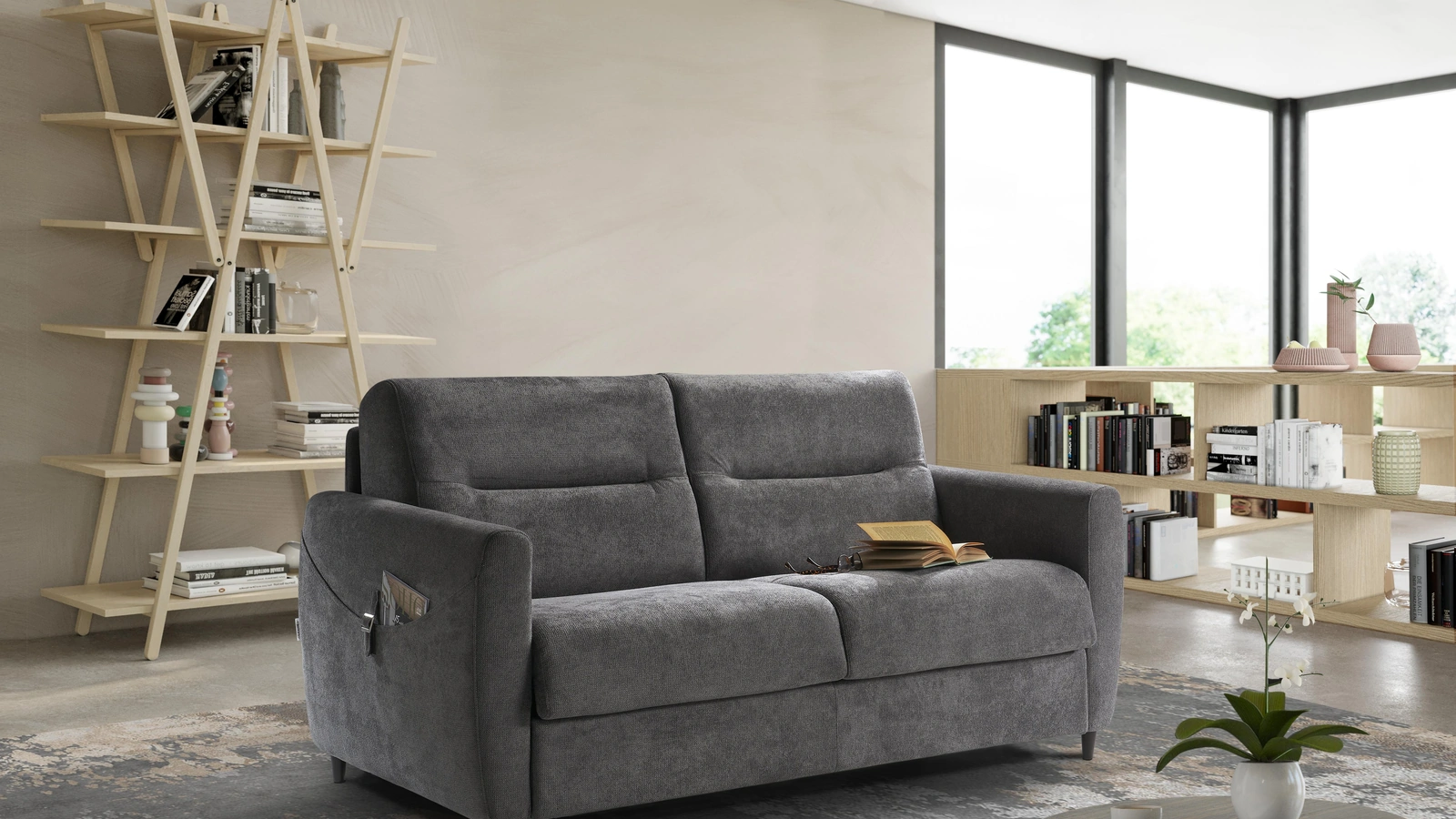 Divano Letto lineare in tessuto con tasche laterali Roger de Il Benessere