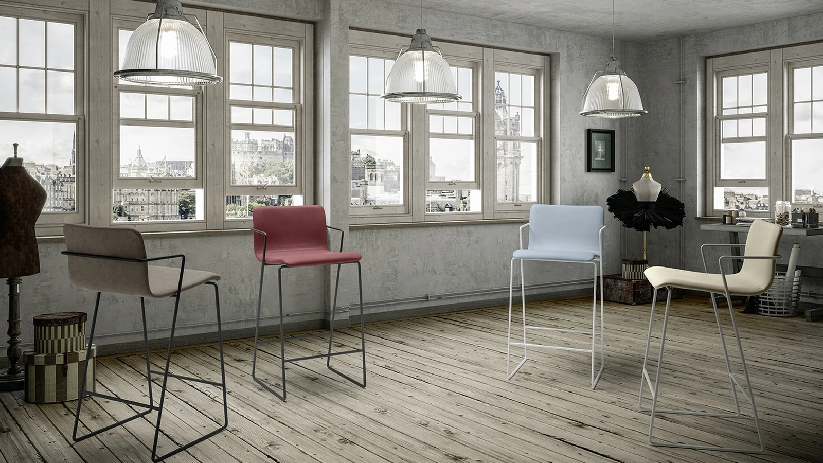 Sgabello Fluid C rivestito in tessuto o ecopelle con struttura in metallo di Zamagna