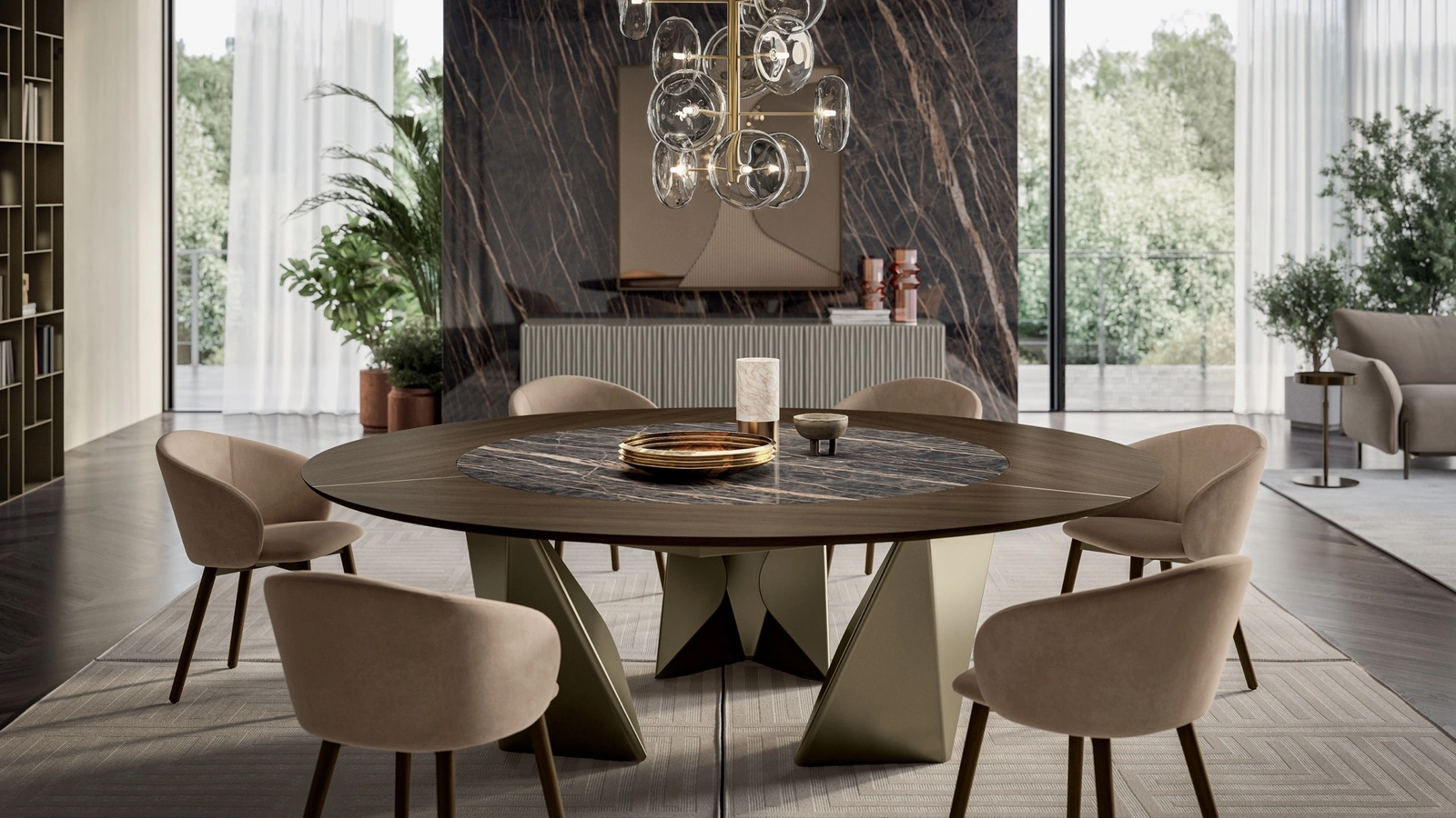 Tavolo rotondo in legno e SuperMarmo Kaleido di Bontempi