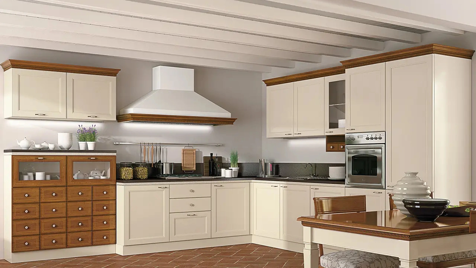 Cucina Classica angolare bicolore in laccato opaco e legno naturale I Ciliegi composizione 04 di Le Fablier