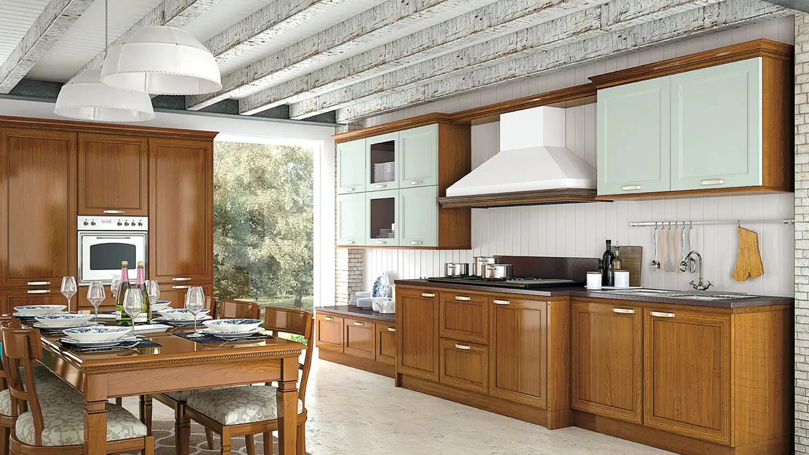 Cucina Classica ad angolo bicolore in legno naturale e laccato I Ciliegi composizione 05 di Le Fablier