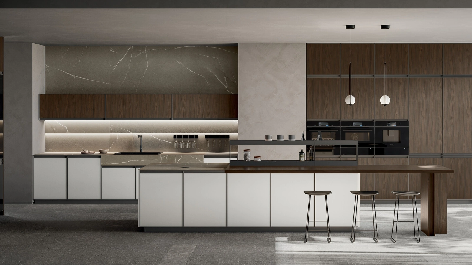 Cucina Moderna con isola Kronos 05 in pet bianco e laminato noce di Arredo3