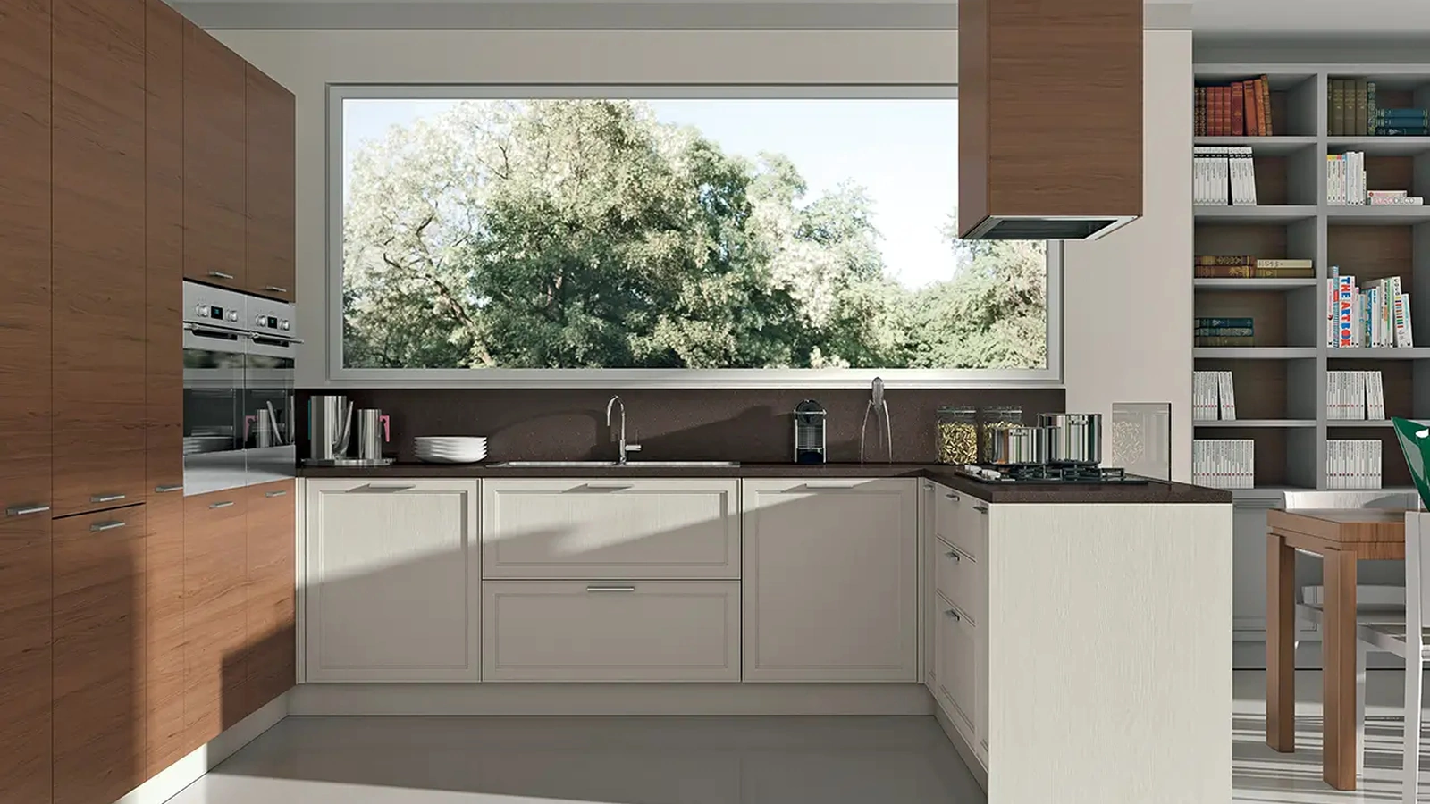 Cucina Moderna con penisola bicolore in laccato bianco opaco e legno naturale Melograno composizione 05 di Le Fablier