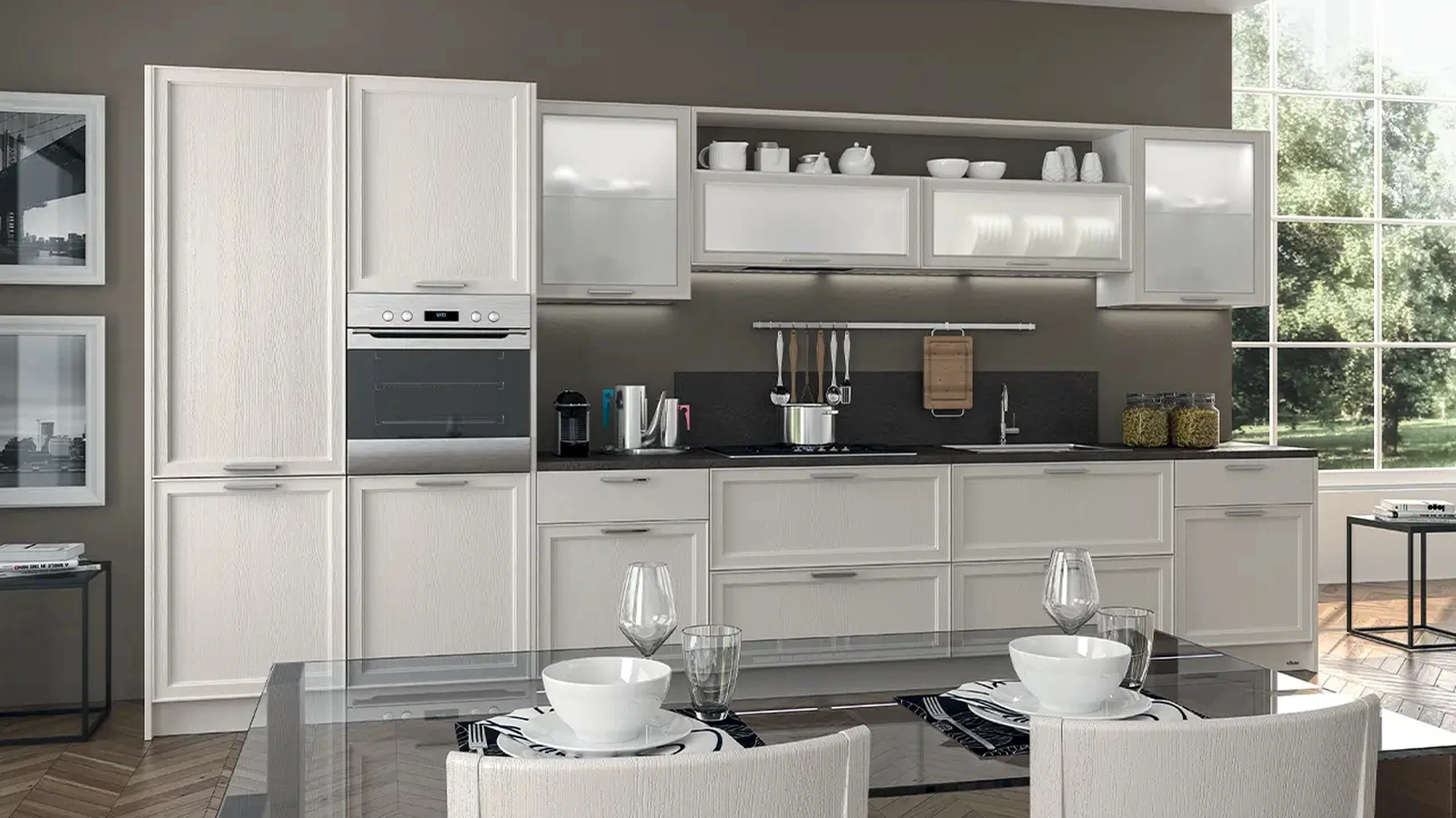 Cucina lineare Moderna in legno laccato opaco Melograno composizione 03 di Le Fablier