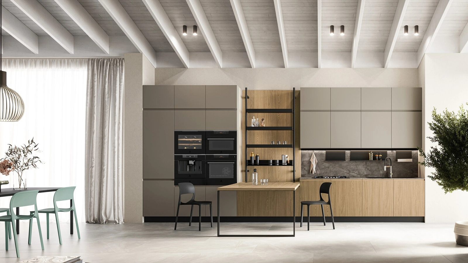 Cucina Moderna in laccato tortora e laminato rovere con penisola Wega 03 di Arredo3