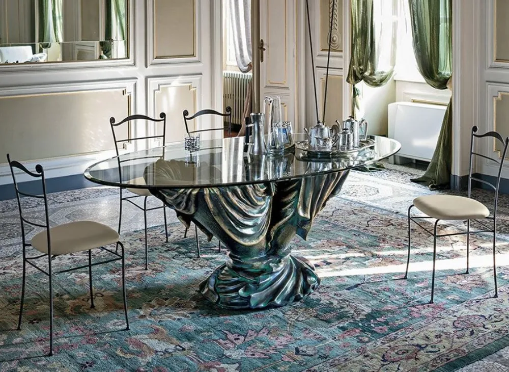 Tavolo con Basamento in Ceramica e Piano in Vetro Temperato